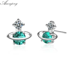 Anenjery, милые маленькие серьги с зеленой планетой и звездой, циркониевые 925 пробы, серебряные серьги для женщин, S-E741