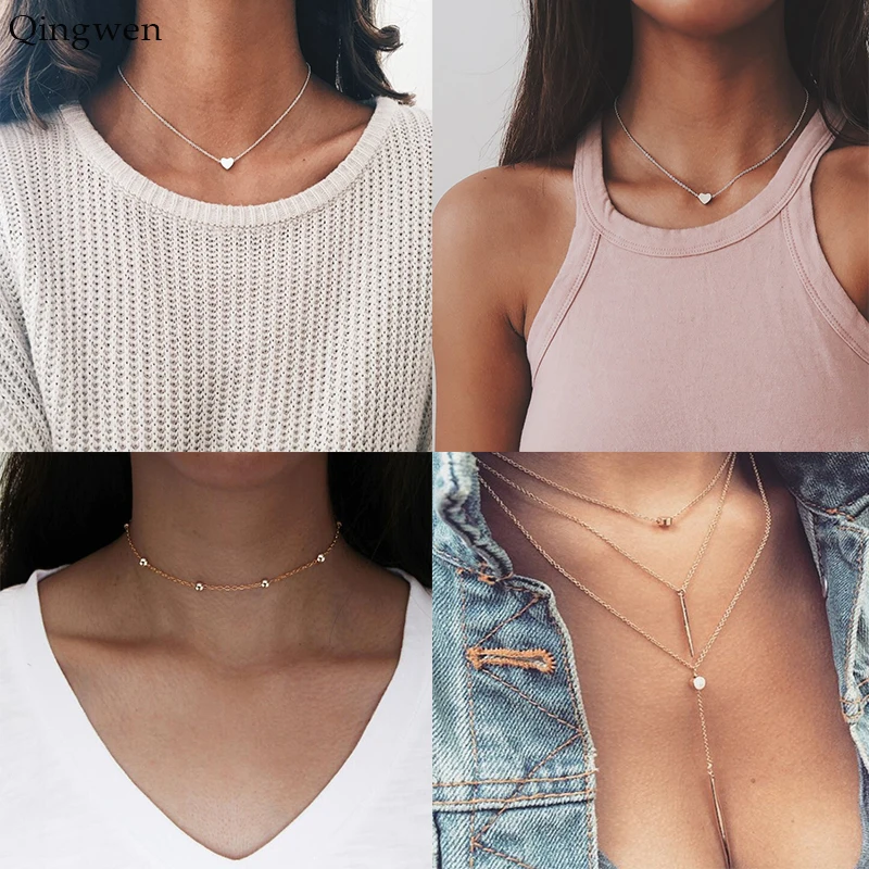 

Qingwen Tiny Heart Necklace for Women Fashion Chain Heart Pendant Necklace Gift Ethnic Bohemian Choker Necklace CE05110/w