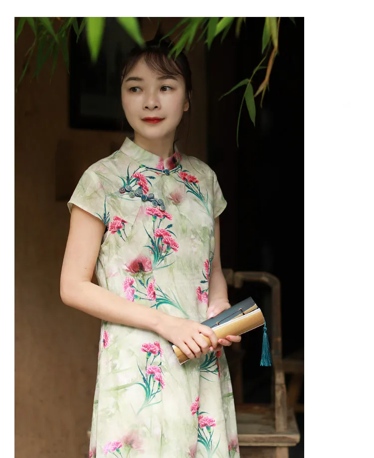 LZJN 2019 Women Summer Retro Vestido Chinese Qipao Dress Long Traditional Mandarin Collar Chinese Dress Flower Printed Cheongsam (11)