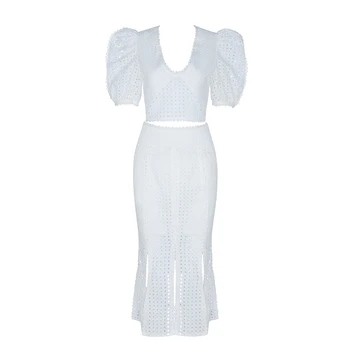 

Elegant V Neck Puff Sleeve Maxi Trumpet Dress Women Hollow Out Lace Fish Tail Long Party Dresses Robe White Mermaid Vestidos