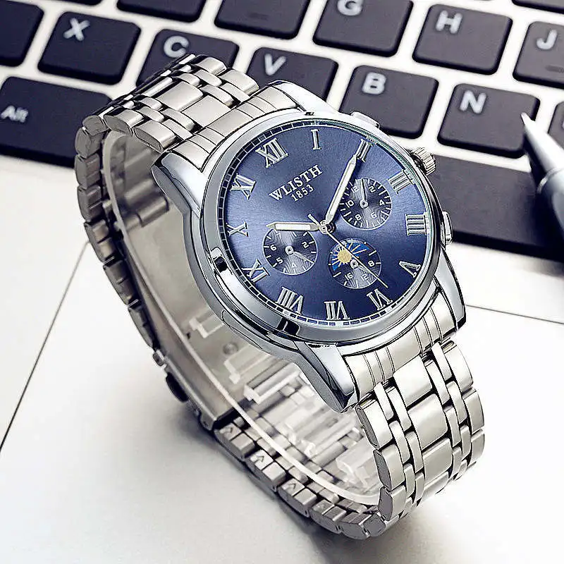 WLISTH мужские настольные спортивные светящиеся водонепроницаемые наручные часы для отдыха, мужские кожаные кварцевые часы Rolex_watch - Цвет: Steel blue-3