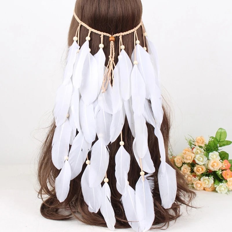 

Boho Indian Feather Headband Headdress Tribal Hippie Party Women Festival Wedding Headwear Hair Rope