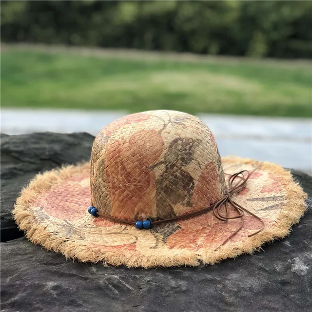 Leather Rope and Bead Womens Reversible Straw Sun Hat Printing Summer Rafi Straw Hat Floppy Foldable Beach Bohemian Straw Hats