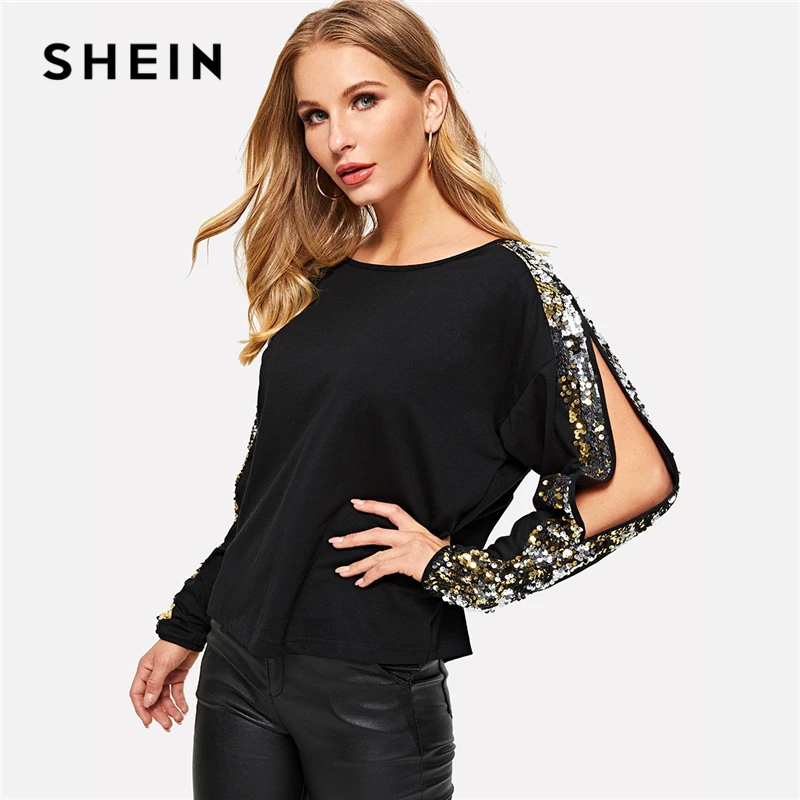 Buy SHEIN Black Sequins Contrast Split Sleeve Tee