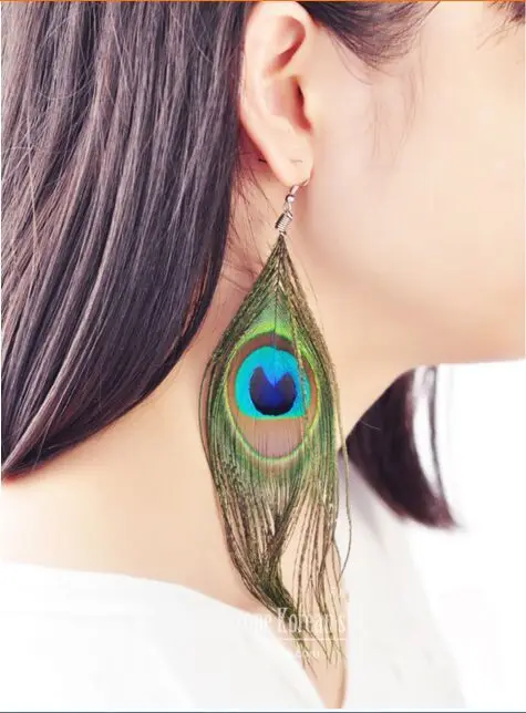 Image Bohemia Handmade Peacock Feather Earrings Retro Green Long Feather Tassel Exotic Women Ethnic Earrings Brinco Pendientes