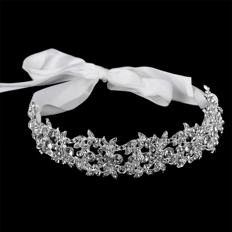 KMVEXO Handmade Bridal Headband Tiara Crystal Wedding Hair Accessories Ribbon Elegant Headpiece Rhinestone Women Hair Jewelry 