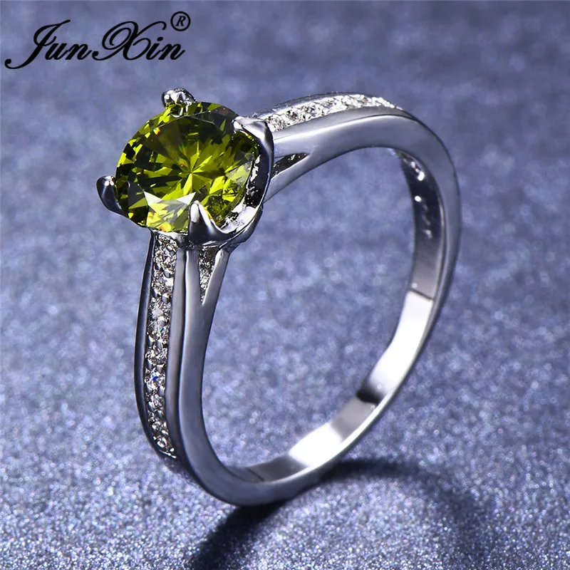 JUNXIN Fashion Round Cut Stone Olive Green Birthstone Rings For Women Men 925 Sterling Silver Filled Champagne Zircon Ring Gifts