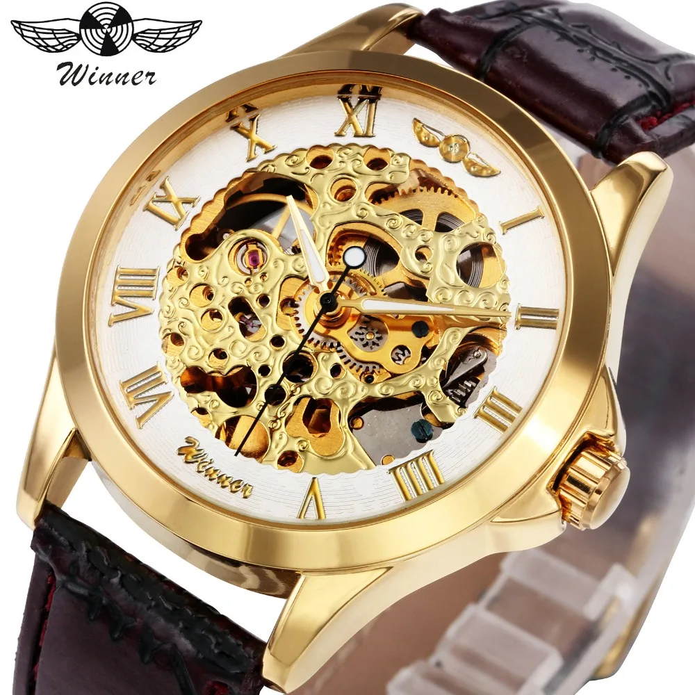 

2019 WINNER Women Automatic Mechanical Watch Leather Strap Skeleton Watch for Ladies Luminous Hands Roman Numerals Golden Dial