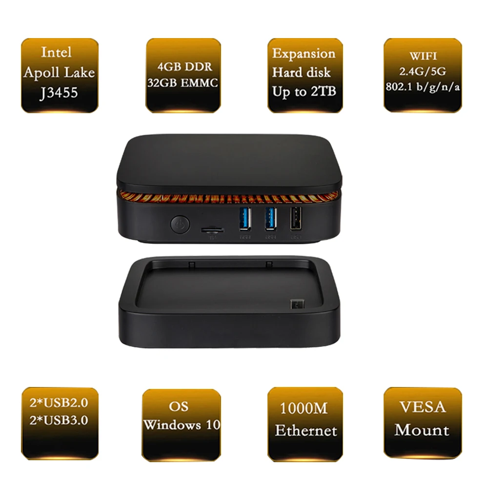Mini pc windows 10 Apollo Lake J3454 (HDMI Type-C dual video output 1000M Ethernet 2.4G/5.8G wifi removable expansion hard disk) |