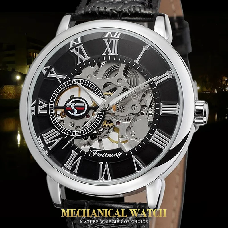 

Forsining Brand Business Style Black Dial Watches Mens Skeleton Roman Numbers Genuine Leather Mechanical Wristwatches
