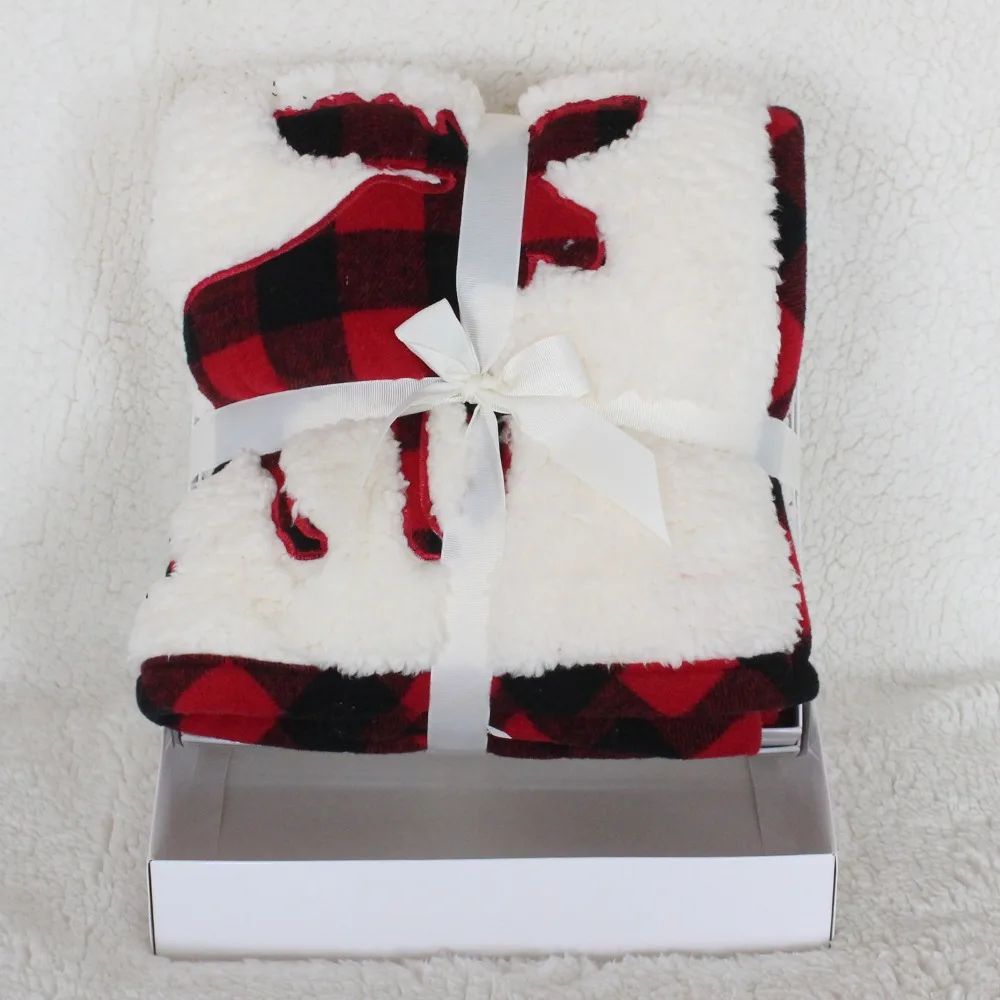 

Gift Sherpa Moose Embroidery Buffalo Check Soft and Warm Baby Wrap. Baby Throw With Buffalo Check Border Gift WZ-79