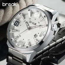 BREAK Men Top Luxury Brand Stainless Steel Band 3D Fashion Casual Analog Quartz Sports Wristwatches Calendar