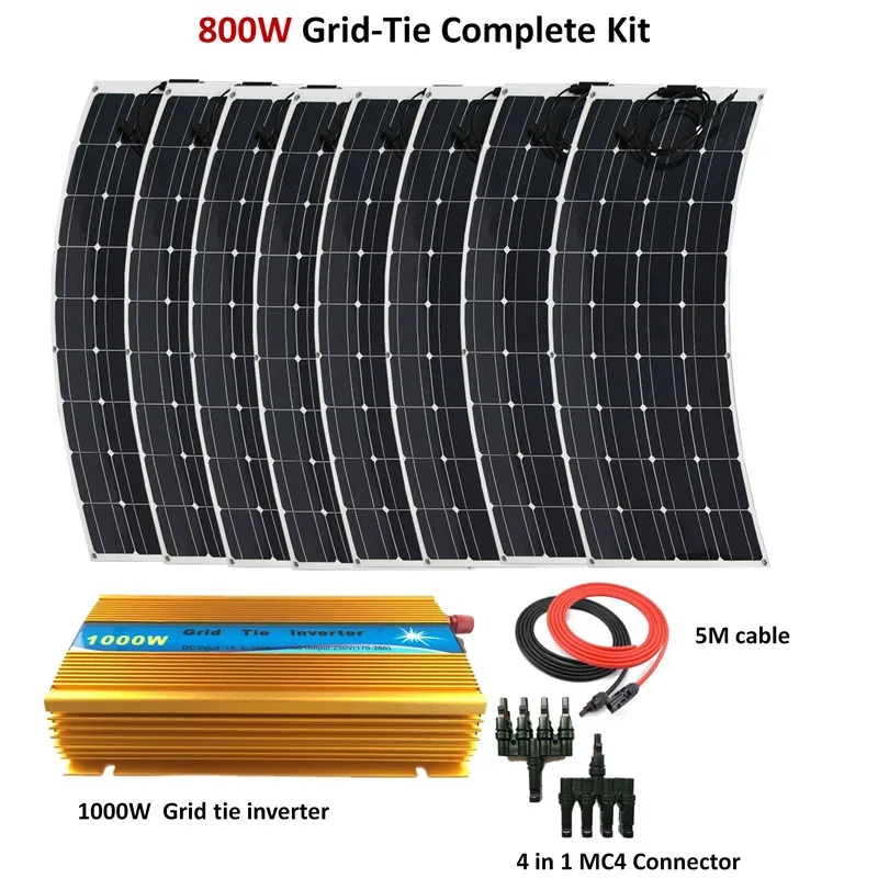 8pcs 100W Flexible Solar Panel Module with 1000W inverter 800W Grid tie System solar panel home system kit | Обустройство дома