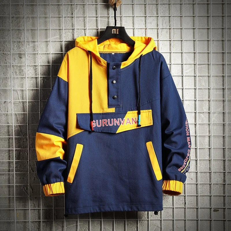 Цветные Лоскутные толстовки с капюшоном мужские толстовки в стиле хип-хоп пуловер с вышивкой толстовки Harajuku уличная одежда - Цвет: Синий