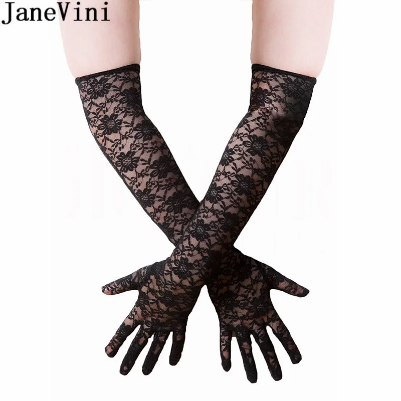 

JaneVini Sexy Black Lace Gloves Women Wedding Long White Gloves Cheap Weddings Glove Elbow Length Bridal Accessories Liga Novia