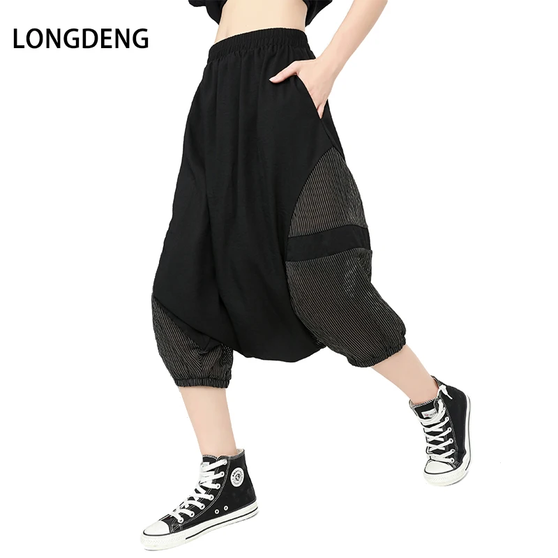 [LONGDENG] Fashion Summer Loose Harem Pants High Waist Patchwork