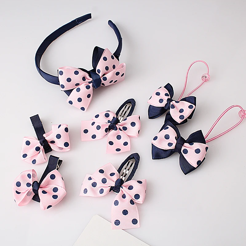 

M MISM 1set=7pcs Headwear Set Children Accessories Printing Dot Bow Headband Hair clip Gum for Hair Hairband for Girls Headdress