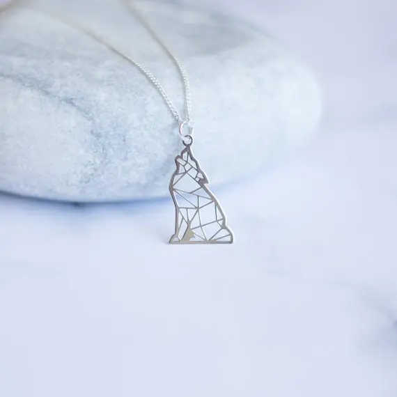 

stainless steel howing Wolf Necklace Origami Wolf Origami Pendant Howl at the Moon geometric Wolf Animal Lover