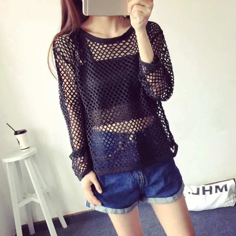 

Fashion Sexy Women Hollow Out Black Perspective Mesh Shirt Loose T-shirt Long Sleeve Sheer Slim Basic Tops rorh