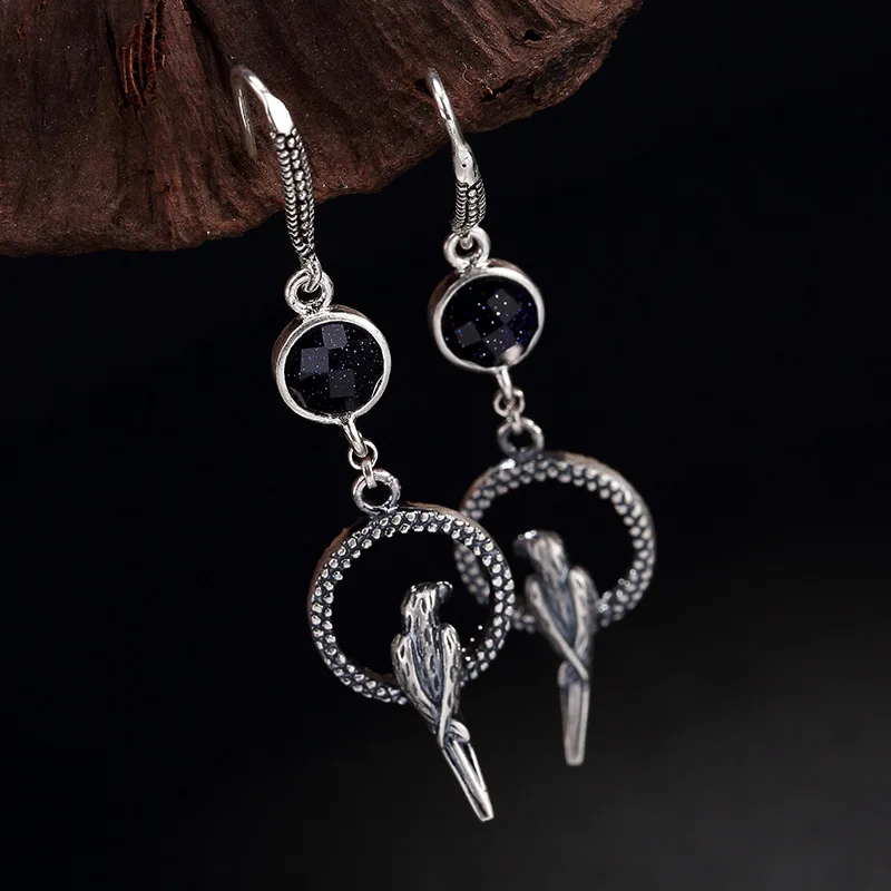 Женские серьги подвески в стиле ретро из серебра 925 пробы с натуральным песком и