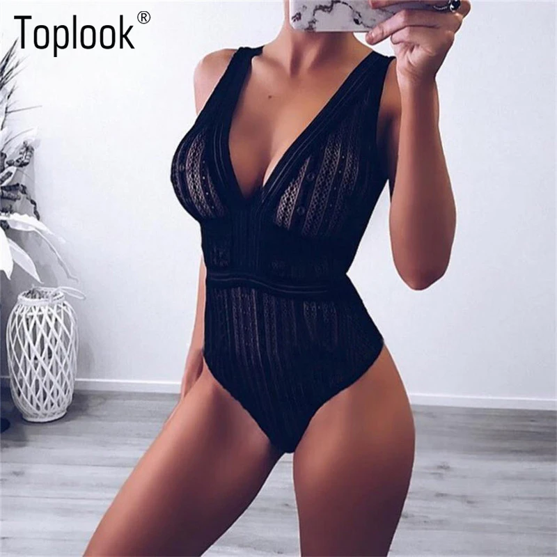 

Toplook sexy lace bodysuits Women V Neck Strapless perspective collocation Slim jumpsuit autumn Basic rompers female 2019 New
