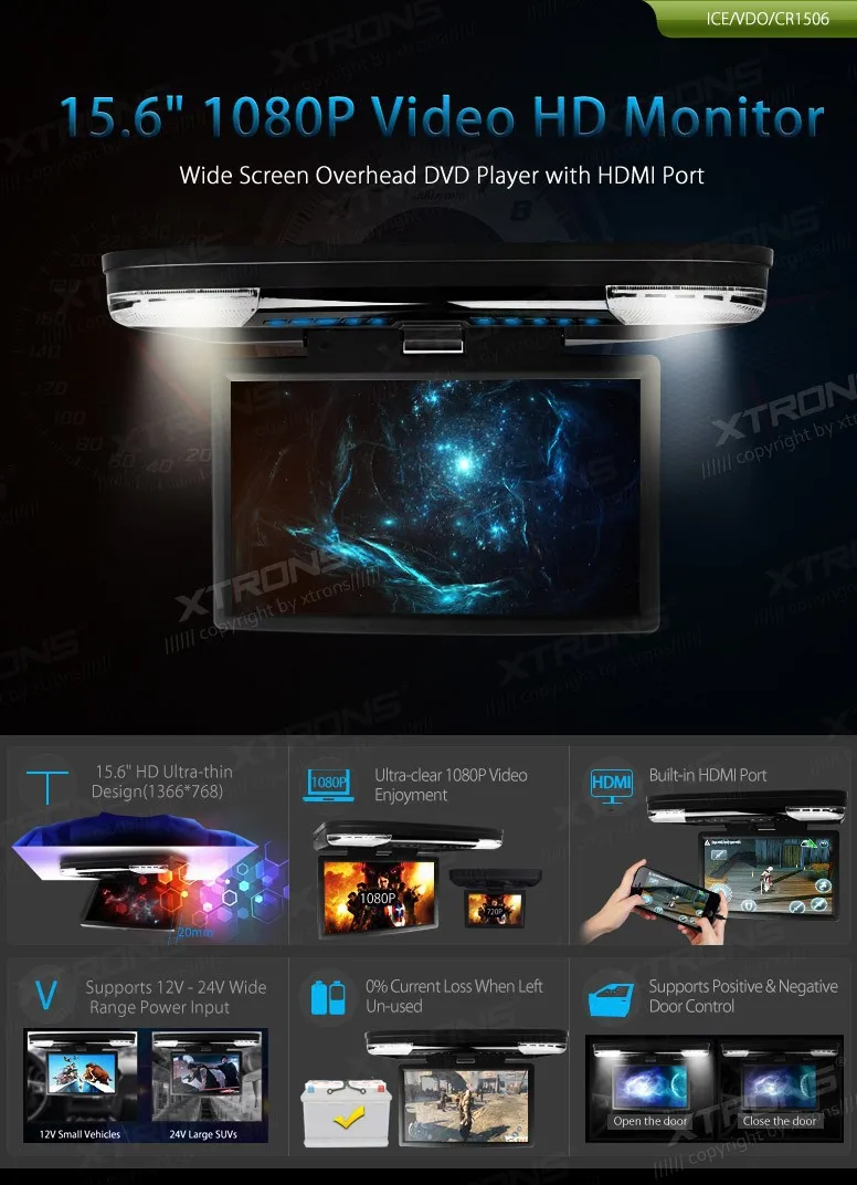 Perfect XTRONS HDMI 15.6" HD 1080P LCD Car Roof Mount Flip Down DVD Player Monitor Game Video USB 0