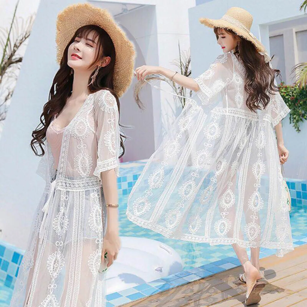 

Women Ladies Lace Cardigan Tied Rope Long Cardigan Jacket Bikini Beach Cardigan Monokini Beach Wear Swimwear Long Maxi Dress