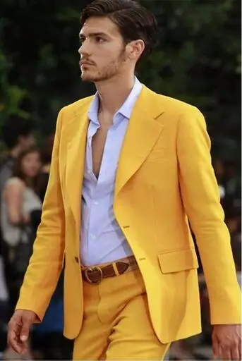 2020 2pcs Notch Lapel Groom Tuxedos Yellow Men Suits Wedding Tuxedos Young Men Fashion Prom Party Wear Suits Sets (Jacket+Pants)