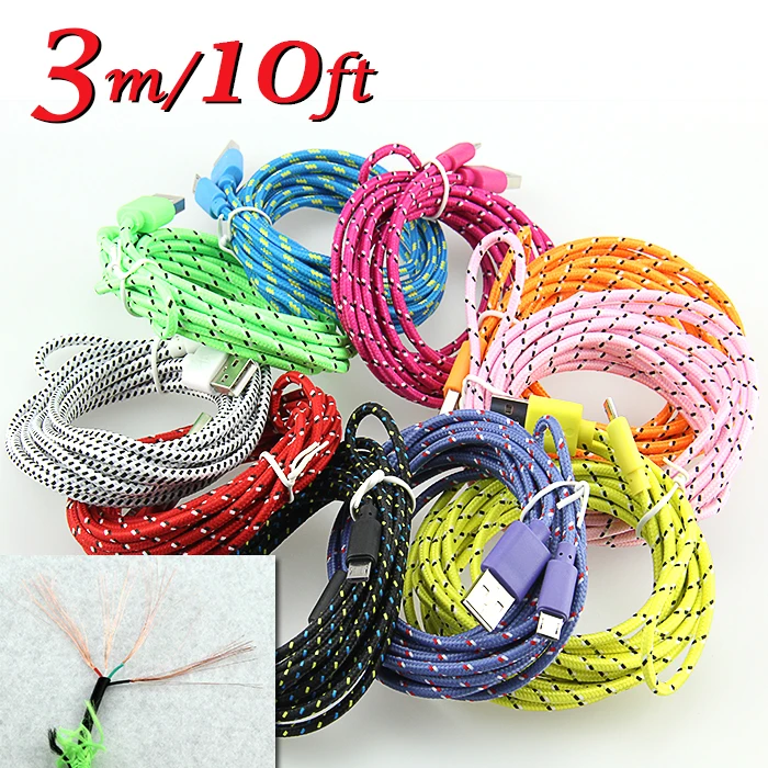 

3M/10FT Fabric Braided Nylon Micro 5pin 8pin Type USB C Cable Charge Sync Data Charging Extended Cords for Mobile Phone 100pcs