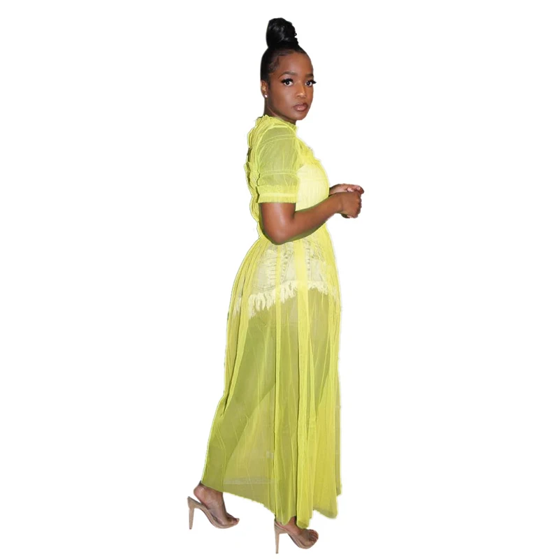 Прозрачное Сетчатое Лоскутное Длинное Макси платье женское Прозрачное платье с круглым вырезом и коротким рукавом летнее неоновое желтое зеленое платье с оборками