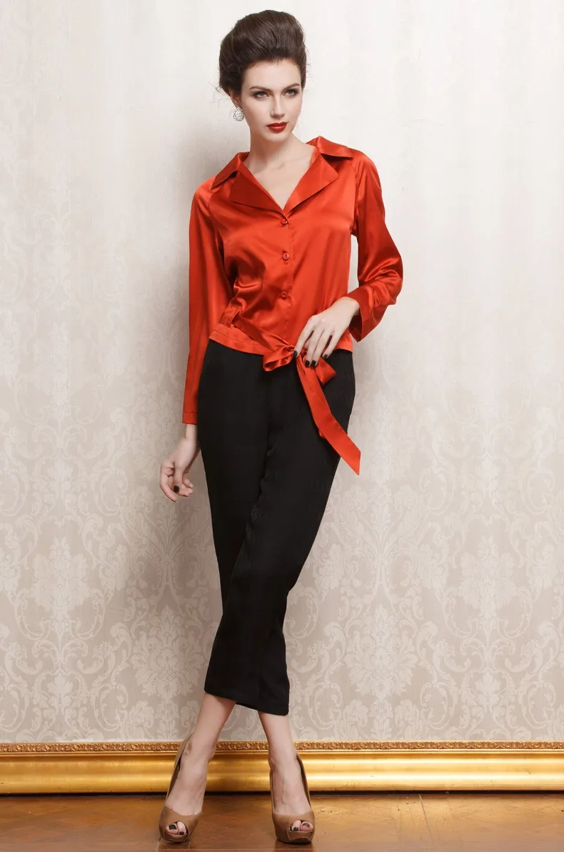 VOA Лето новые женские Красные эластичные атласная шёлковая рубашка женские с длинными рукавами ремень Топ B1072
