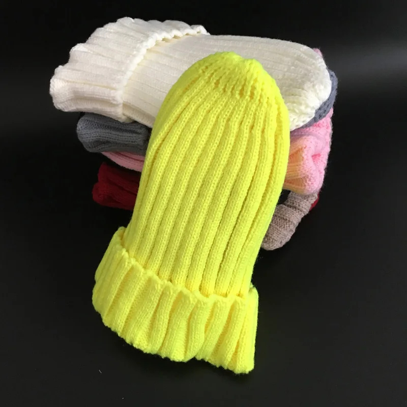 Cllikko/ г. Зимние шапки для мальчиков и девочек, высокое качество, повседневные однотонные шапочки, вязаная шапка для девочек, детские шапки - Цвет: light yellow childre