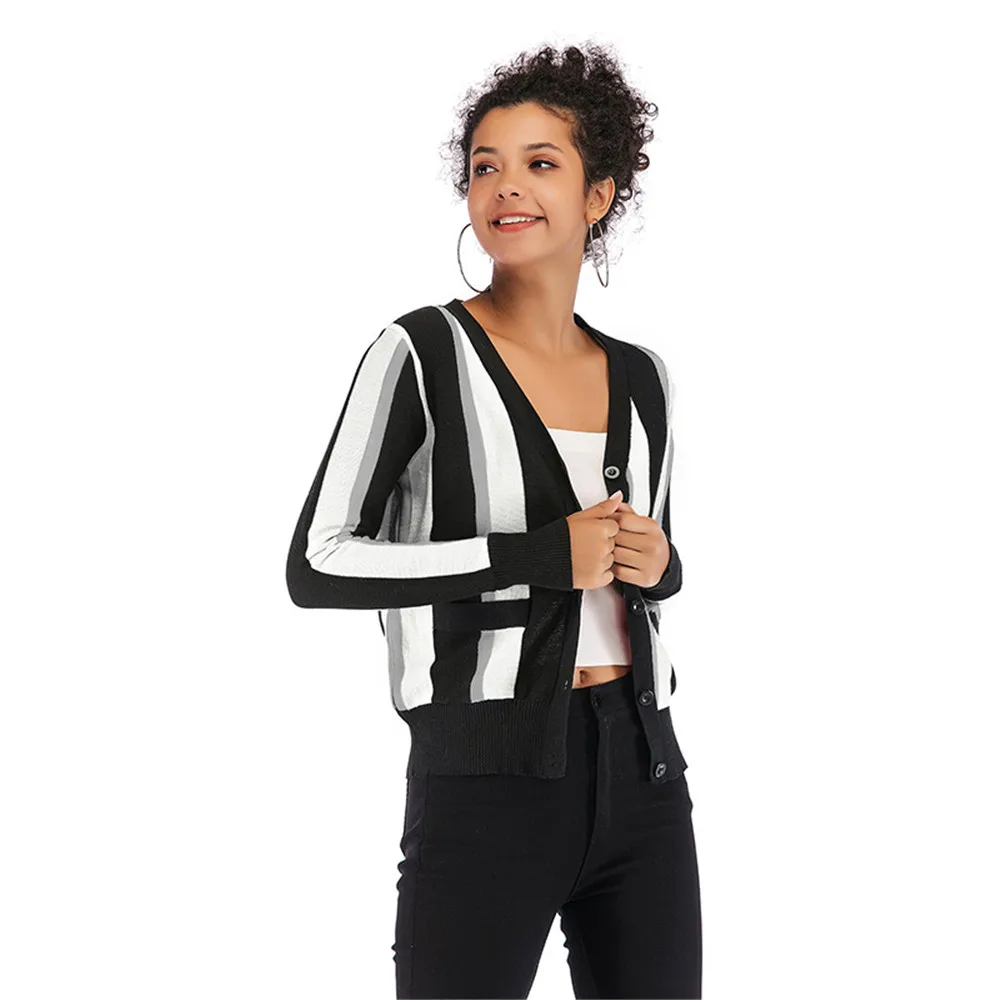 New colorblock vertical stripes knit cardigan V-neck long-sleeved sweater women New colorblock vertical stripes knit cardigan V-neck long-sleeved sweater women