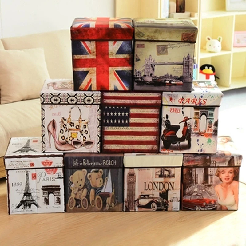 Storagestool čtvercové vlajky skládací stolička multifunkční skladovací stolička britský film netkané skladovací box domácí dekorační dekorace