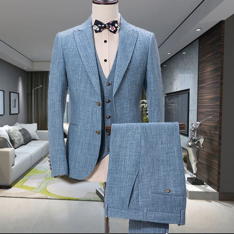 2018 New Brand Blue Linen Suit Men Slim Fit Wedding Suits for Men Summer Beach Groom Blazer Style Gentle 3 Piece Terno Masculino