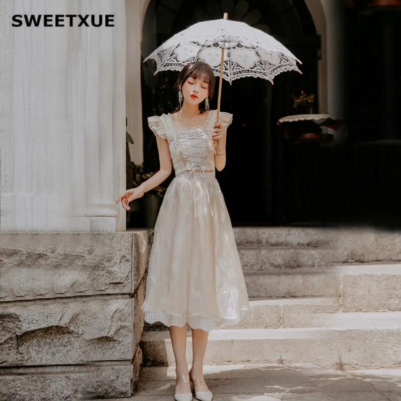 Sweet Xue/комплект летней одежды в клеточку без рукавов с квадратным воротником на