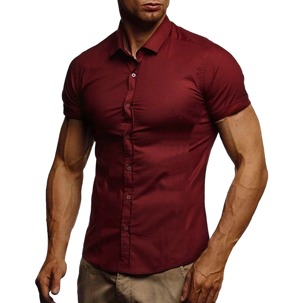 Приталенная Мужская рубашка, рубашка с коротким рукавом, мужская мода, camisa masculina, однотонные рубашки, рубашка в Корейском стиле, мужские рубашки