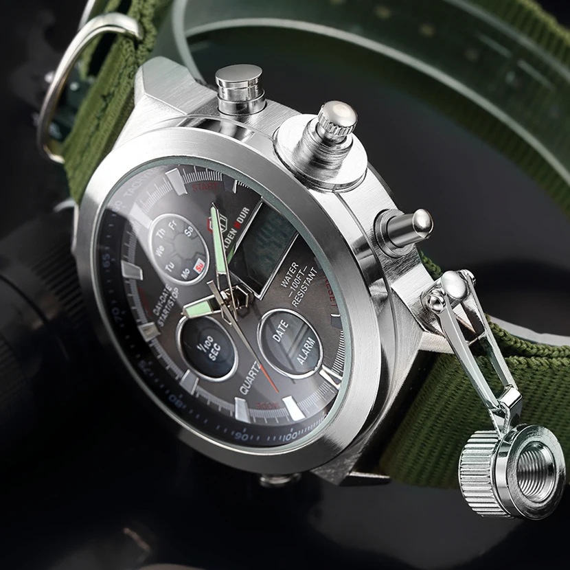 Спортивные часы Reloj Hombre GOLDENHOUR мужские кварцевые с холщовым ремешком армейские |