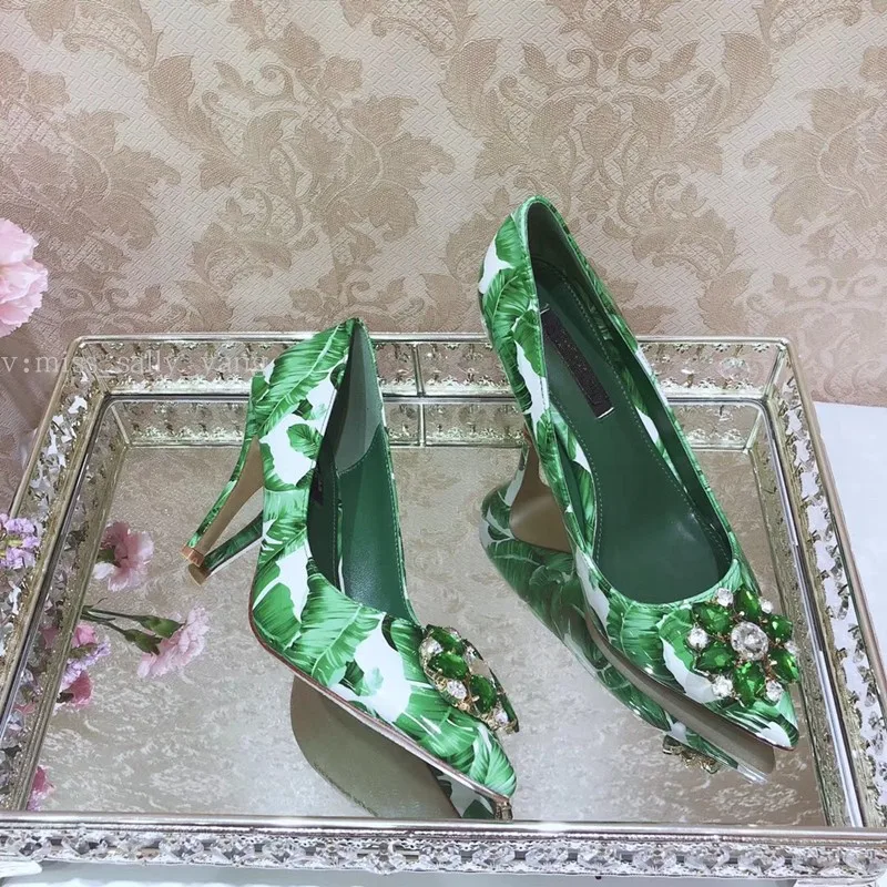 

Summer Woman Floral Gem Crystal Green Banana Leafs Printing Pumps Pointed Toe Slip-on Stiletto Heel Wedding Dress Heels Shoes