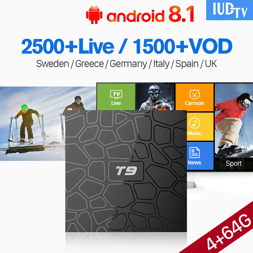 

T9 Europe IPTV Italy UK Spain Box Android 8.1 4G 64G RK3328 Support BT Dual-Band WiFi H.265 Decoder 4K IP TV 1 Year Germany