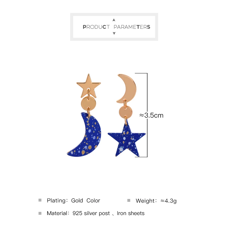 Женские асимметричные серьги подвески Moon & Star короткие летние сережки с синим