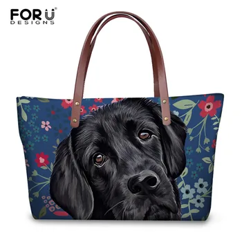 

FORUDESIGNS Women Floral Handbags Black Lab Sweetheart 3D Printing Female Tote Shoulder Bags Luxury Woman Travel Top-handle Bag