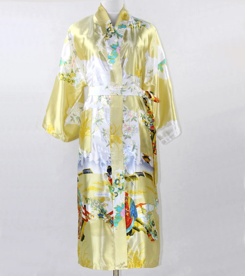 Flower Gold Japanese Female Kimono Yukata Gown Long Silk Rayon Lingerie Robe Nightwear Printed ...