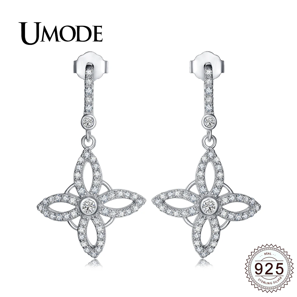 

UMODE New Trendy Flower 925 Sterling Silver Drop Earring for Women Fashion White Gold Color CZ Crystal Pendientes Brinco ULE0283