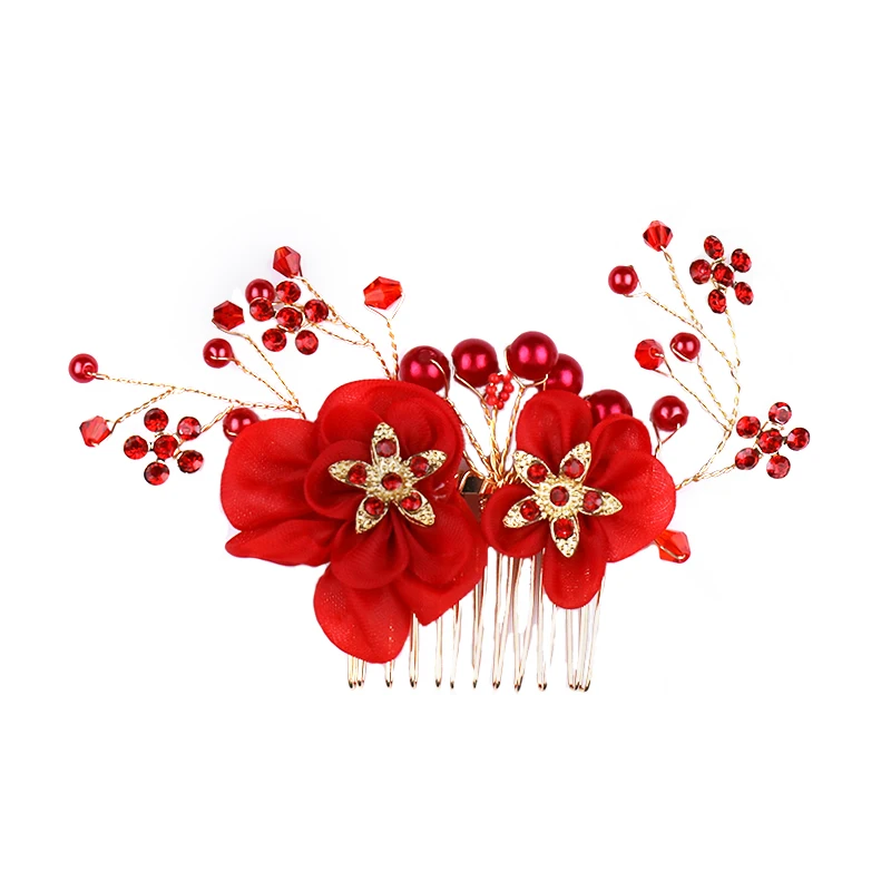 

Fashion Red Pearl Tiara Bridal Hair Combs Wedding Hair Accessories Rhinestone Flower For Women Hair Jewelry Handmade Headwear