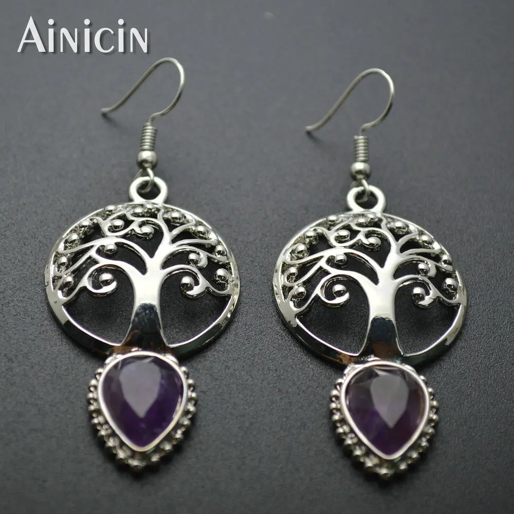 

Green Aventurine Water Drop Tree Of Life Dangle Earrings Silver Gold Plating Fashion Women Party Jewelry