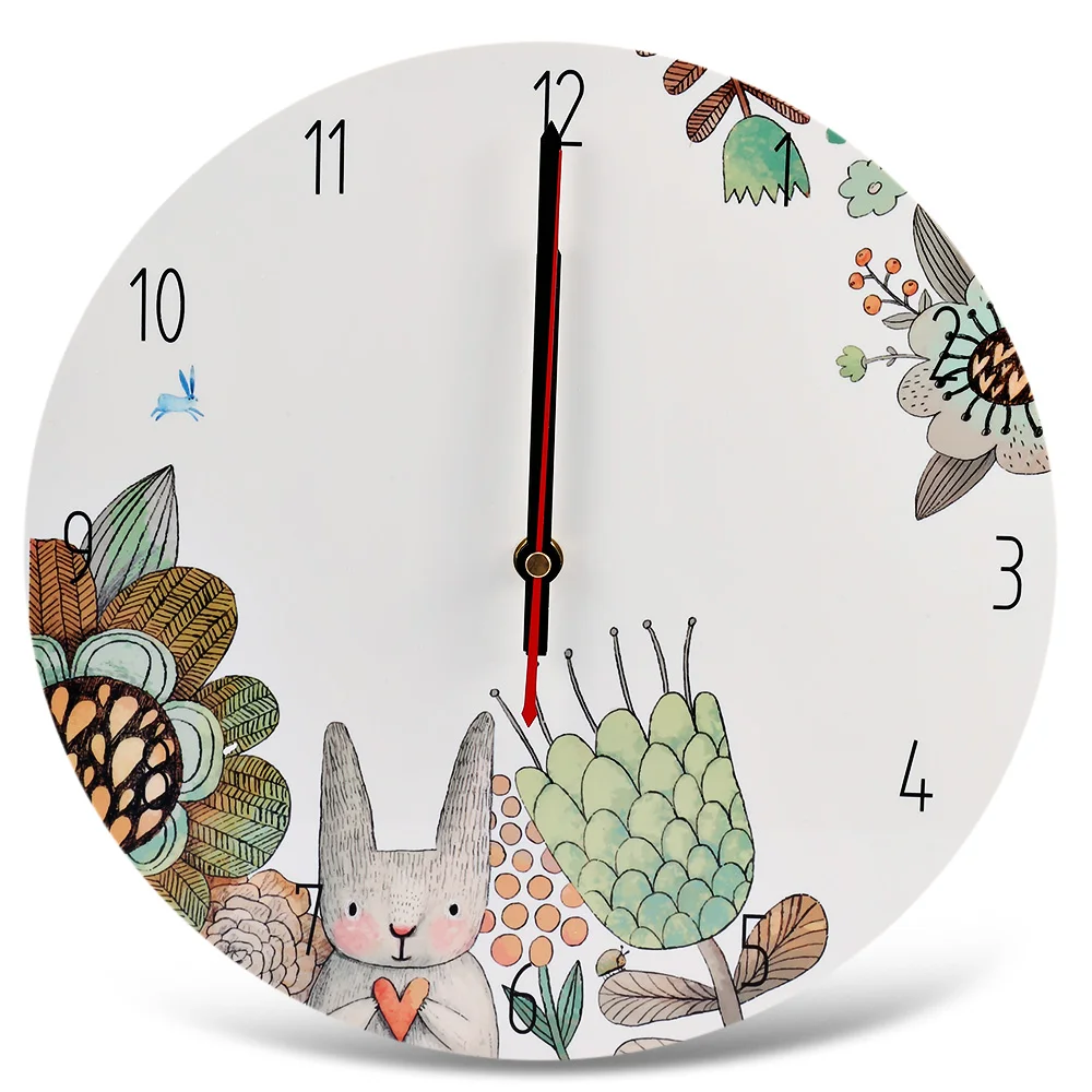 Cartoon Rabbit Print Wall Clocks Silent Wooden Wall Clock Home Art Home Decor Round Silent