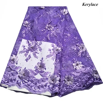 

Newest Wedding Design Light Purple Beaded&Rhinestones Tulle French Lace African Fabric 3D Applique Swiss Voile Lace KRL-2776