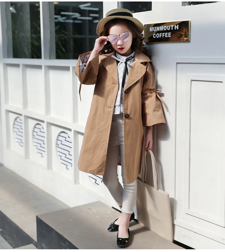 Ветровка для девочек весна осень детская мода однобортный пояс-бабочка куртки детская одежда длинное пальто Одежда