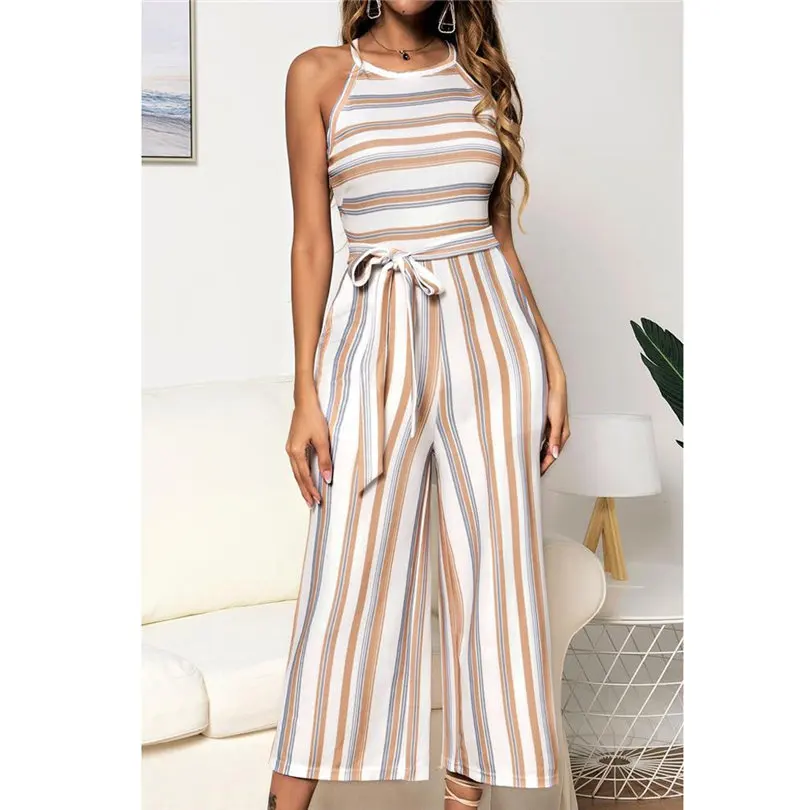 New Fashion Women Summer Sexy Sleeveless Multicolour Striped Jumpsuit Clubwear Wide Leg Pants Outfit Long Pants Jumpsuit #4A18 (8)